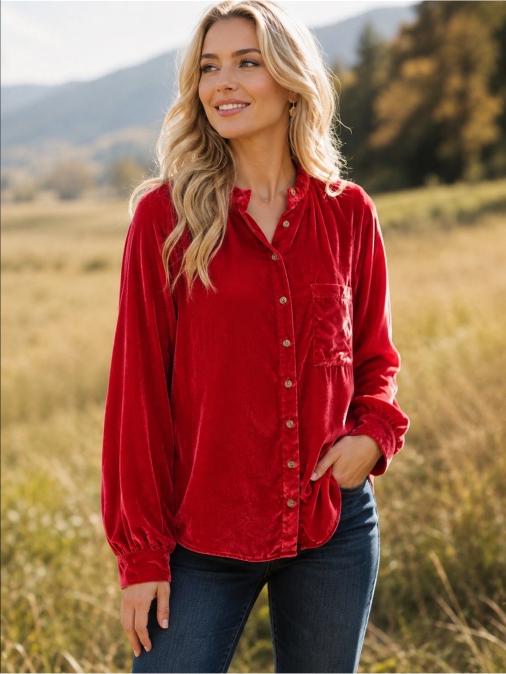 Anthropologie Pilco Bright Red Velvet Femme Buttond Down Shirt Size S